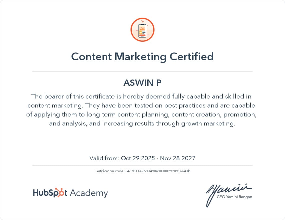 Digital Marketing Expert in Malappuram | Web Developer Content Marketing Certificate certificate